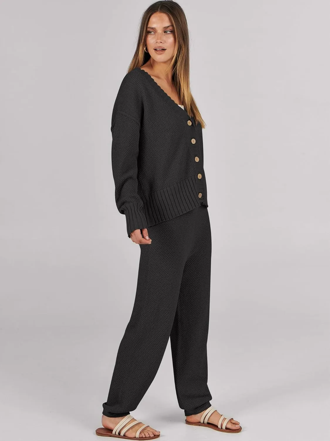 Caracilia Womens 2 Piece Outfits Lounge Set V Neck Cardigan Sweater Pants Sets Knit Matching Loungewear 2024 Fall Clothes