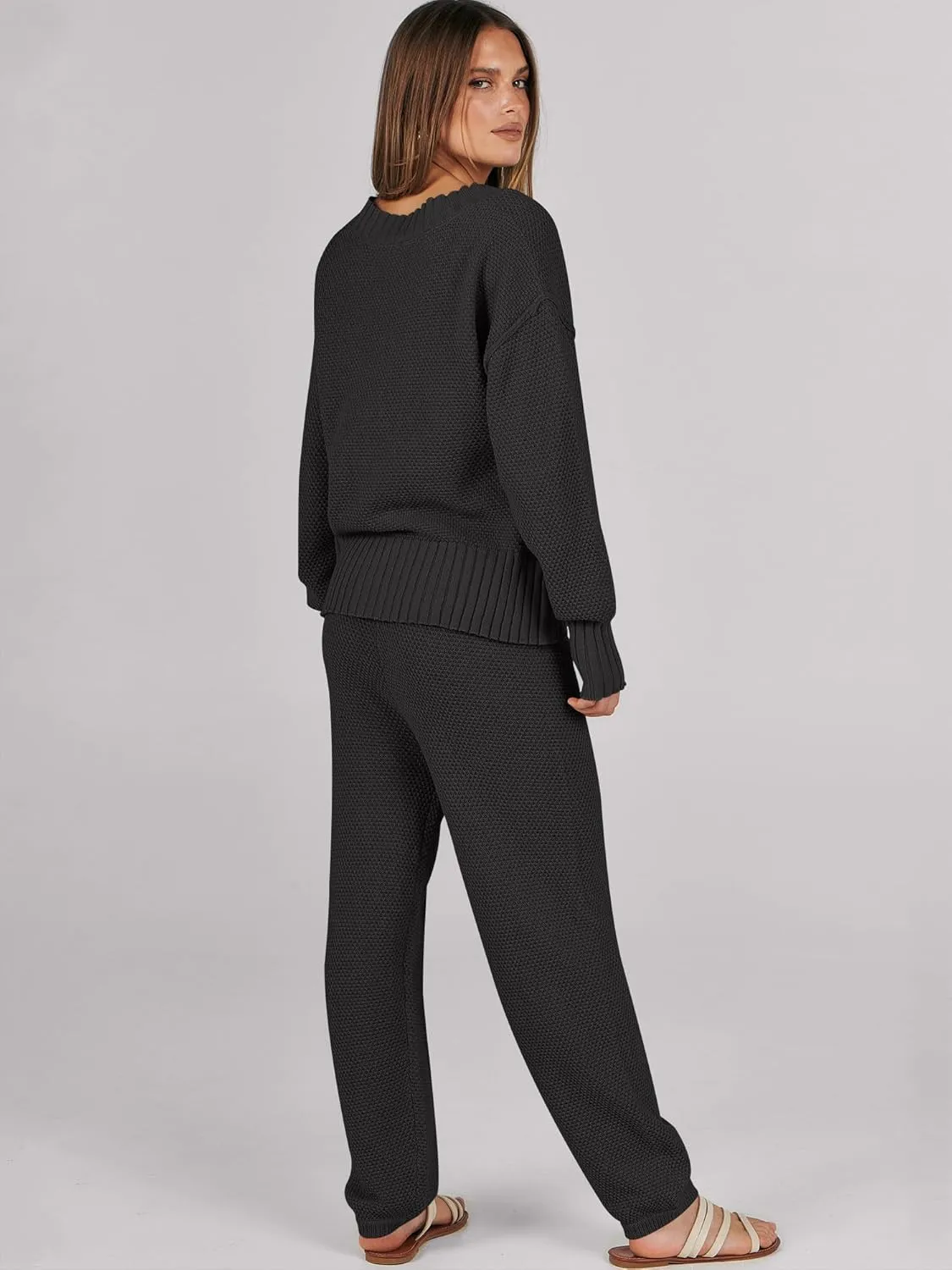 Caracilia Womens 2 Piece Outfits Lounge Set V Neck Cardigan Sweater Pants Sets Knit Matching Loungewear 2024 Fall Clothes
