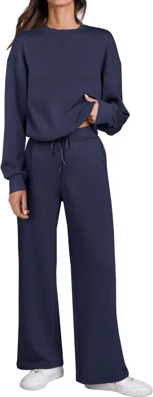 Caracilia Women's 2 Piece Outfits Sweatsuit Fall Crewneck Sweatshirts Wide Leg Pants Lounge Matching Sweat Sets Tracksuit