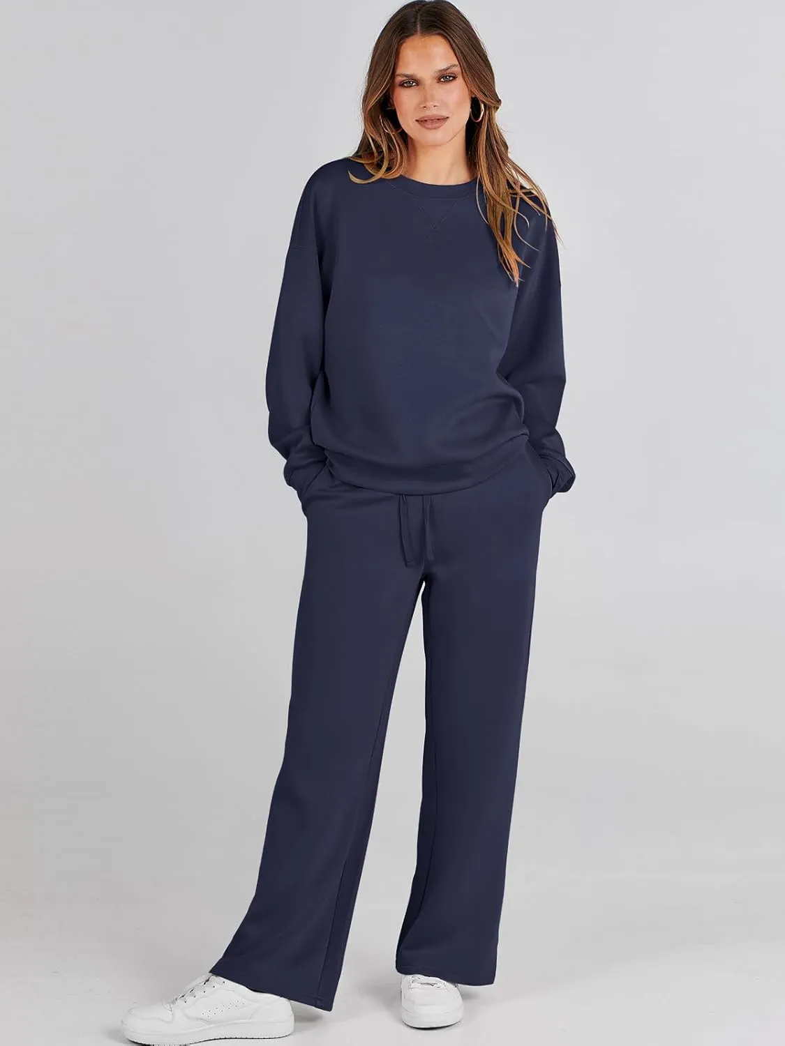 Caracilia Women's 2 Piece Outfits Sweatsuit Fall Crewneck Sweatshirts Wide Leg Pants Lounge Matching Sweat Sets Tracksuit