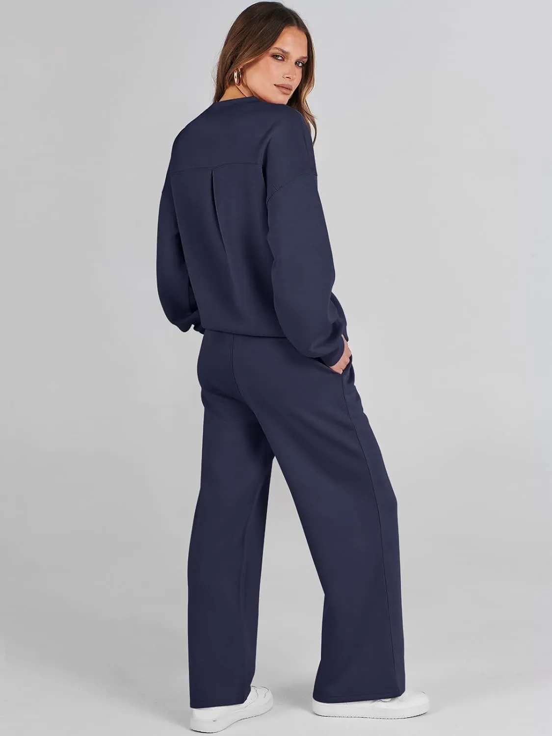 Caracilia Women's 2 Piece Outfits Sweatsuit Fall Crewneck Sweatshirts Wide Leg Pants Lounge Matching Sweat Sets Tracksuit