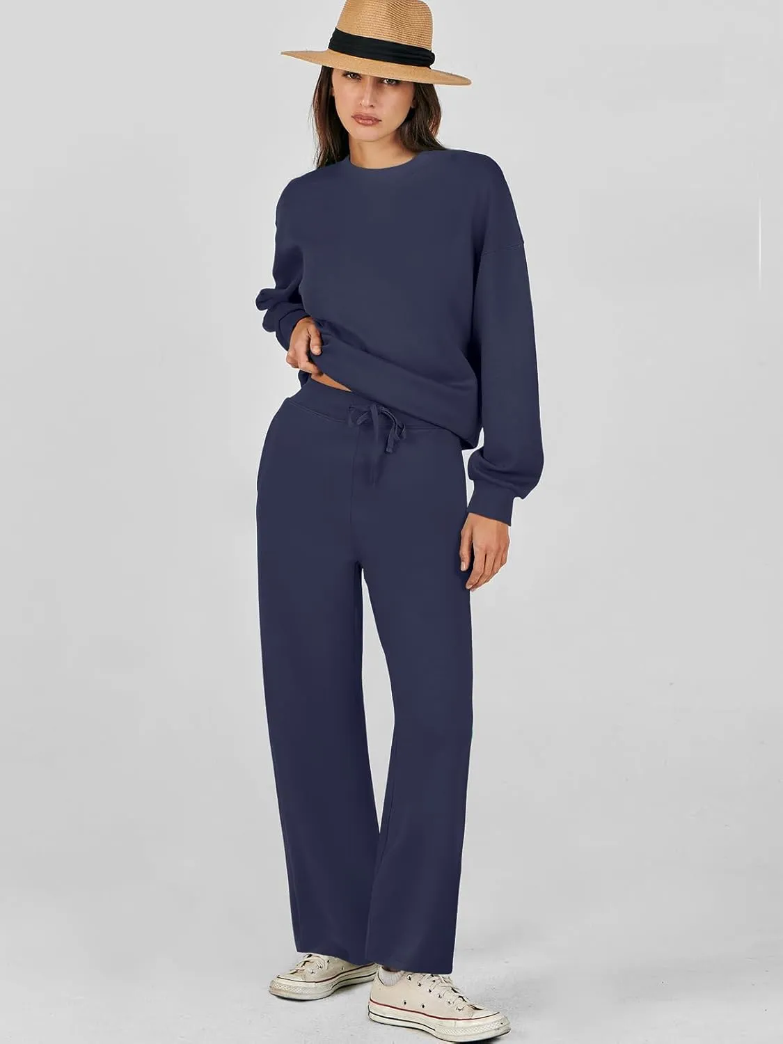Caracilia Women's 2 Piece Outfits Sweatsuit Fall Crewneck Sweatshirts Wide Leg Pants Lounge Matching Sweat Sets Tracksuit