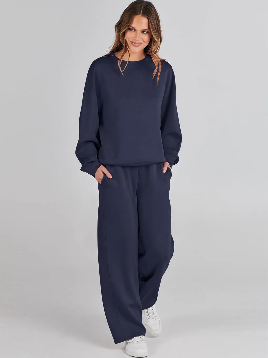 Caracilia Women's 2 Piece Outfits Sweatsuit Fall Crewneck Sweatshirts Wide Leg Pants Lounge Matching Sweat Sets Tracksuit
