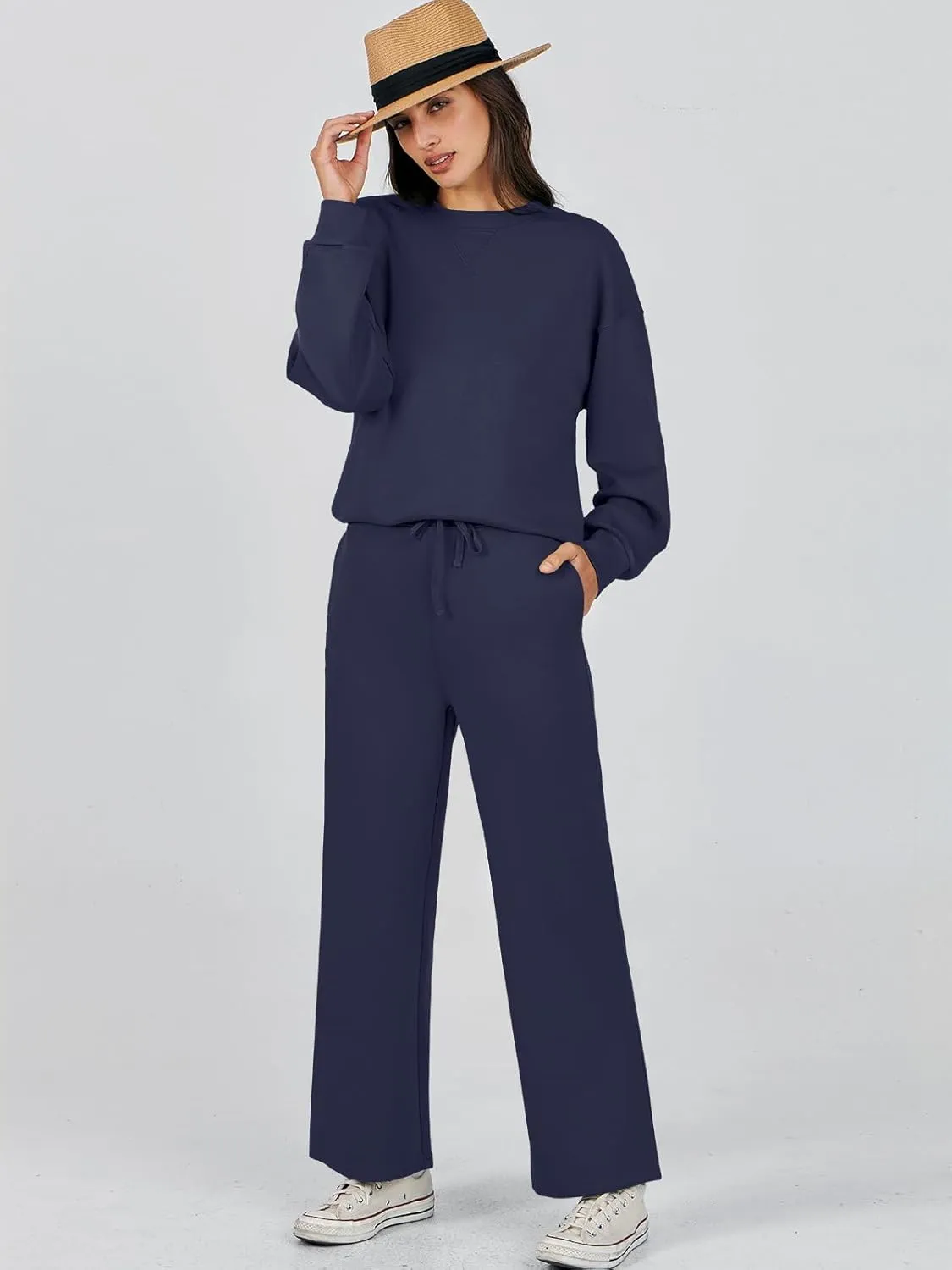 Caracilia Women's 2 Piece Outfits Sweatsuit Fall Crewneck Sweatshirts Wide Leg Pants Lounge Matching Sweat Sets Tracksuit