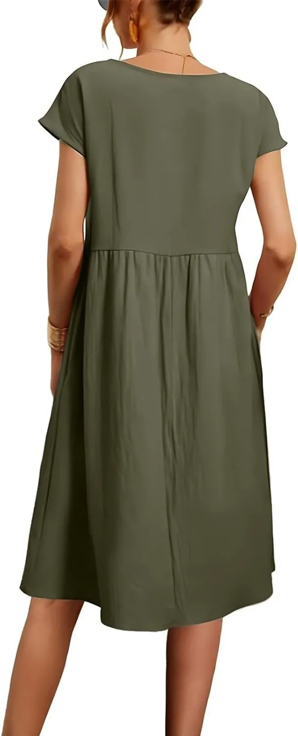 Casual Linen Dresses for Women Crewneck Summer Midi Dress with Pockets Solid Plus Size Short Sleeve T Shirt Dress