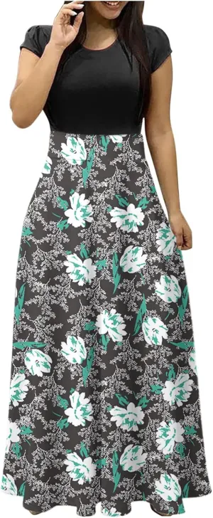 Ceboyel Women 2023 Flower Maxi Dress Summer Causal Long Dresses Short Sleeve Petite Floor Length Dress Modest Teacher Clothes