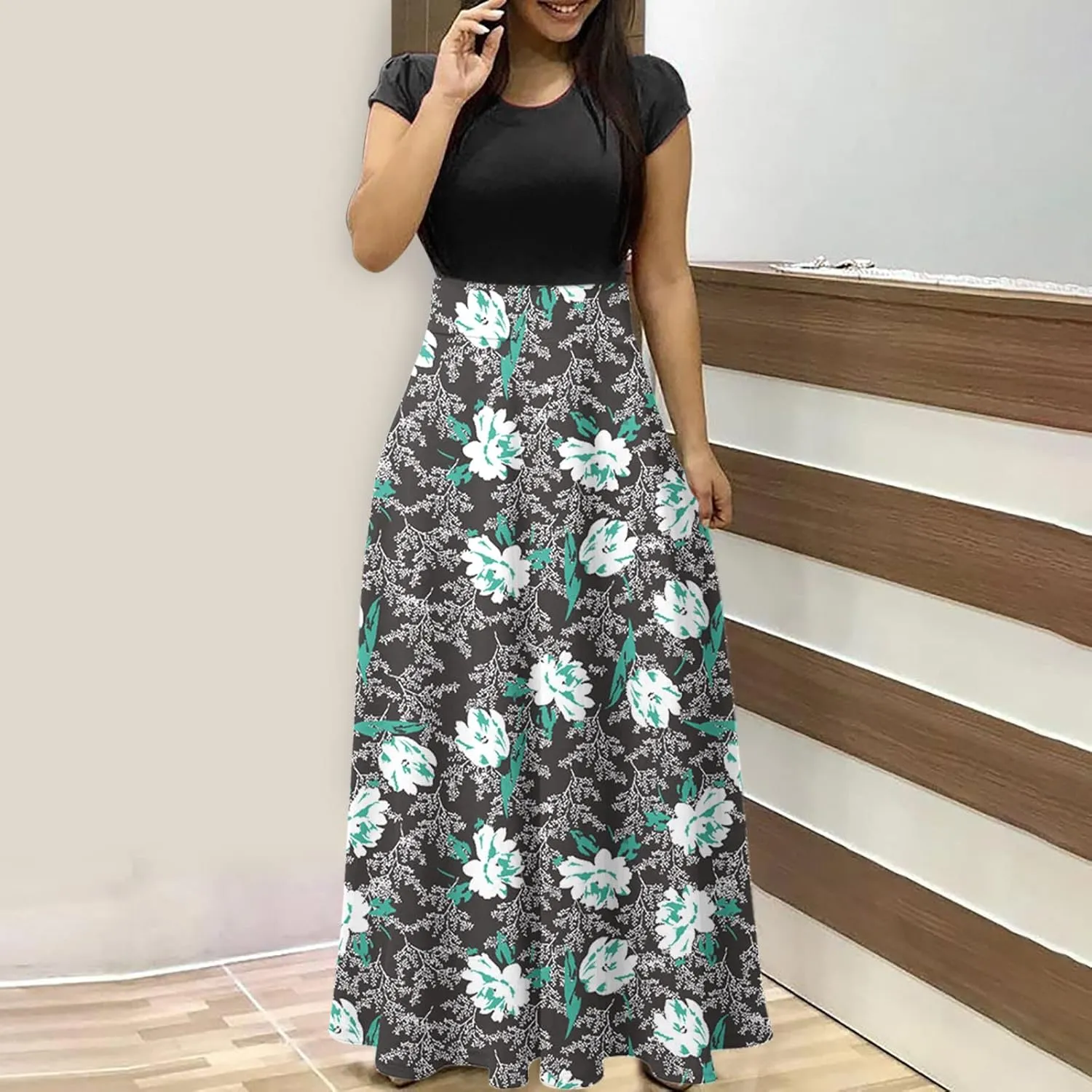 Ceboyel Women 2023 Flower Maxi Dress Summer Causal Long Dresses Short Sleeve Petite Floor Length Dress Modest Teacher Clothes