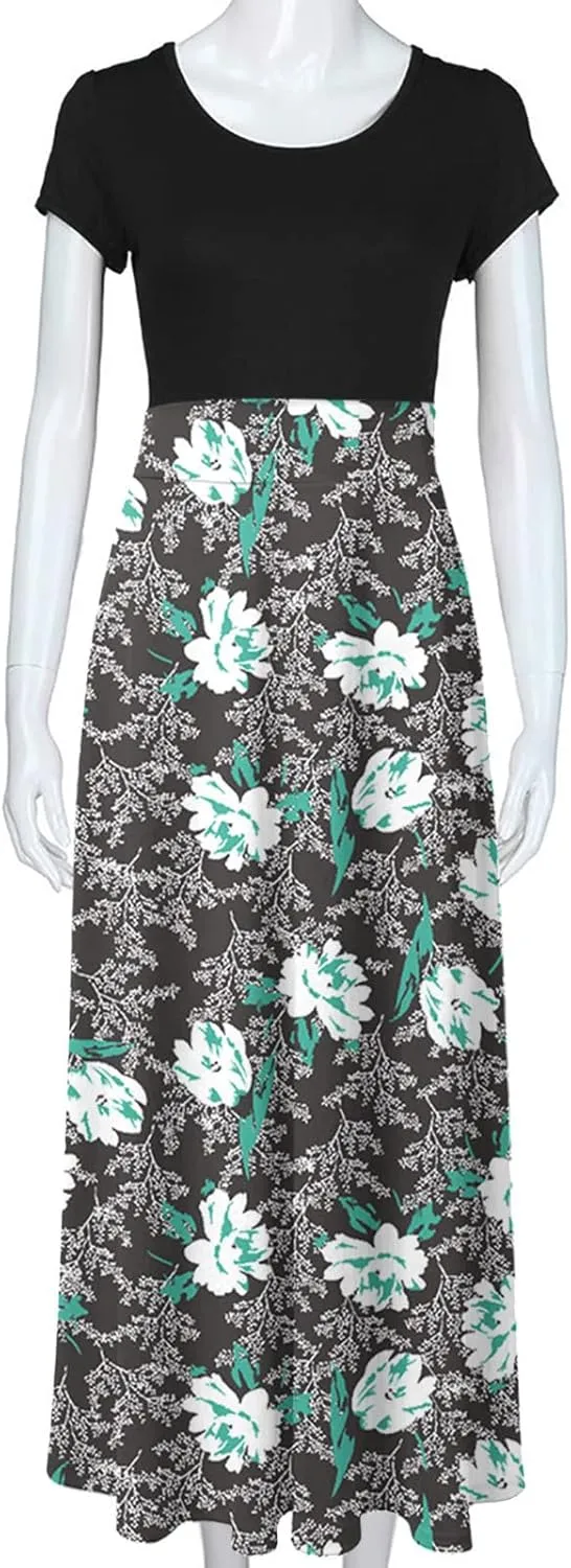 Ceboyel Women 2023 Flower Maxi Dress Summer Causal Long Dresses Short Sleeve Petite Floor Length Dress Modest Teacher Clothes