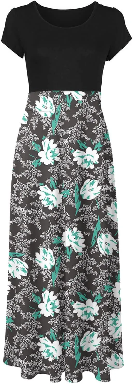 Ceboyel Women 2023 Flower Maxi Dress Summer Causal Long Dresses Short Sleeve Petite Floor Length Dress Modest Teacher Clothes