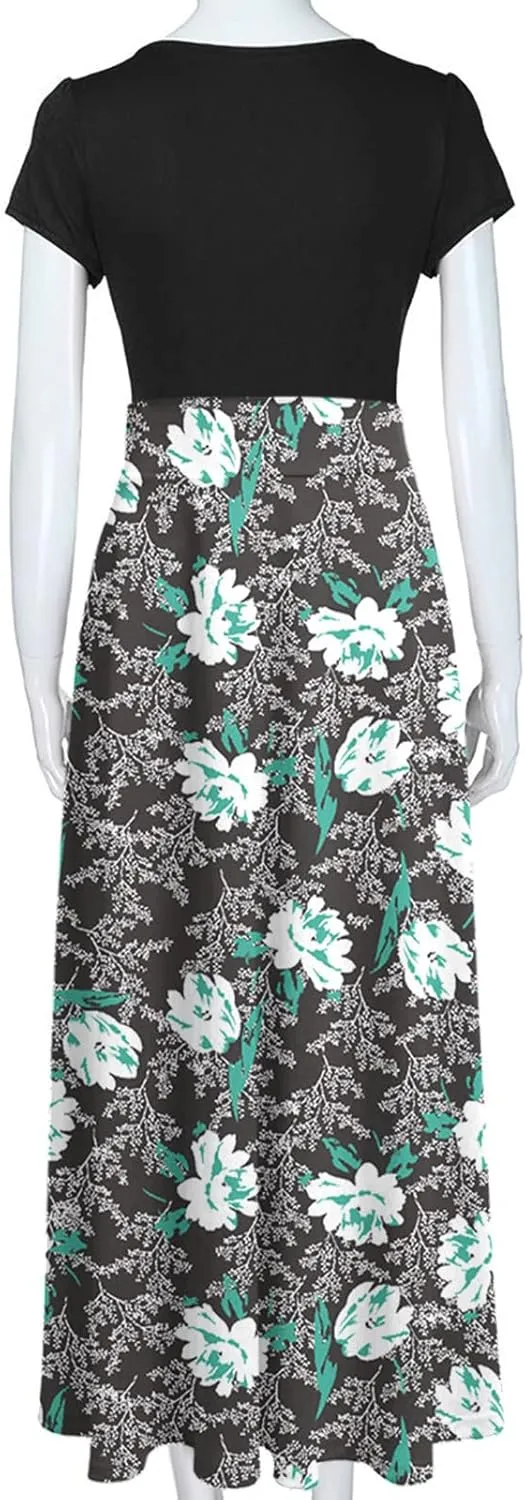 Ceboyel Women 2023 Flower Maxi Dress Summer Causal Long Dresses Short Sleeve Petite Floor Length Dress Modest Teacher Clothes