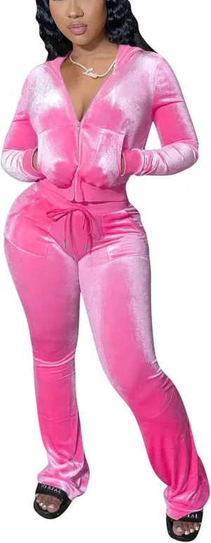 Chatinction Women's 2 Piece Outfit Velour Zip Up Crop Jacket and Bell Bottoms Long Pants with Pockets Tracksuit Set