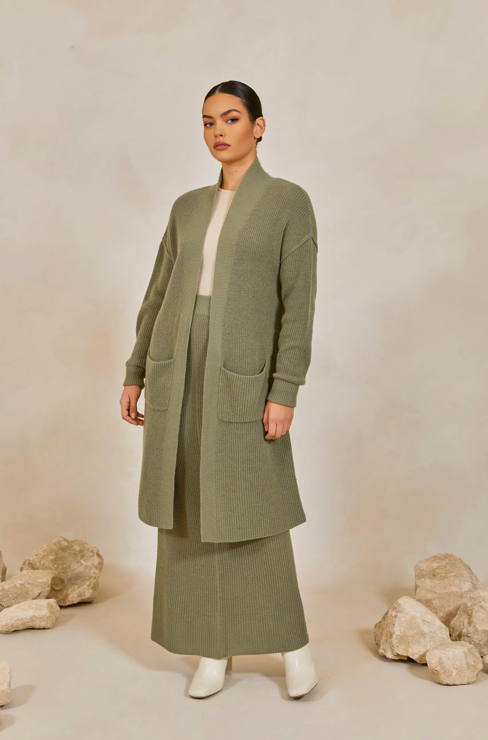 Chunky Knit Merino Wool Maxi Skirt - Sage
