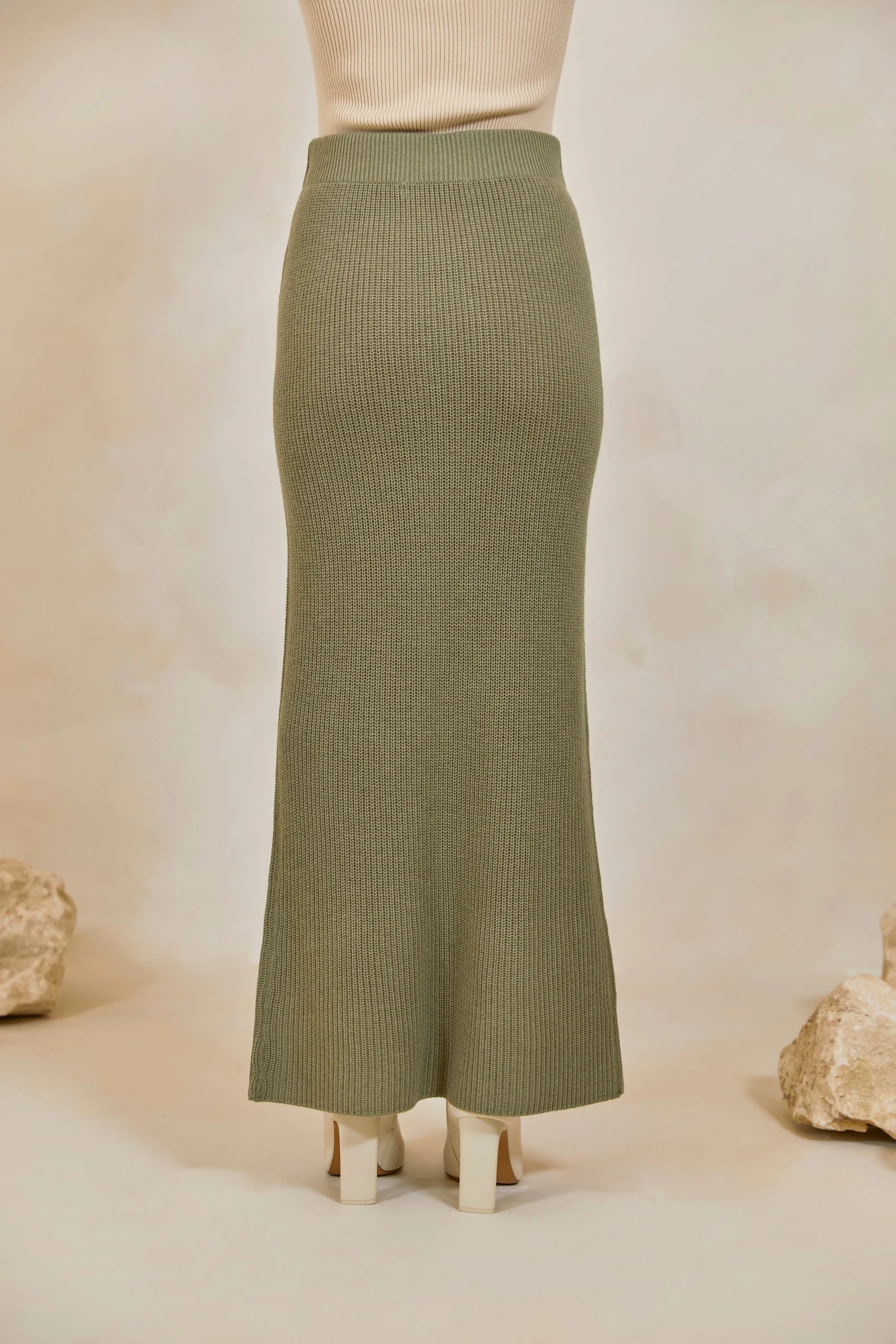 Chunky Knit Merino Wool Maxi Skirt - Sage