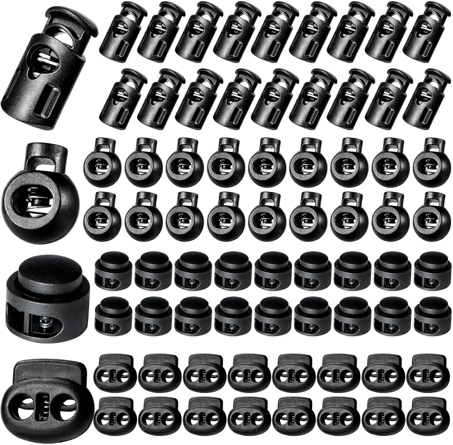 CLESDF 160 Pcs Plastic Cord Locks, Single Double Hole Spring Stop Toggle Stoppers for Drawstrings, Shoelaces, Bags, More, 4 Styles