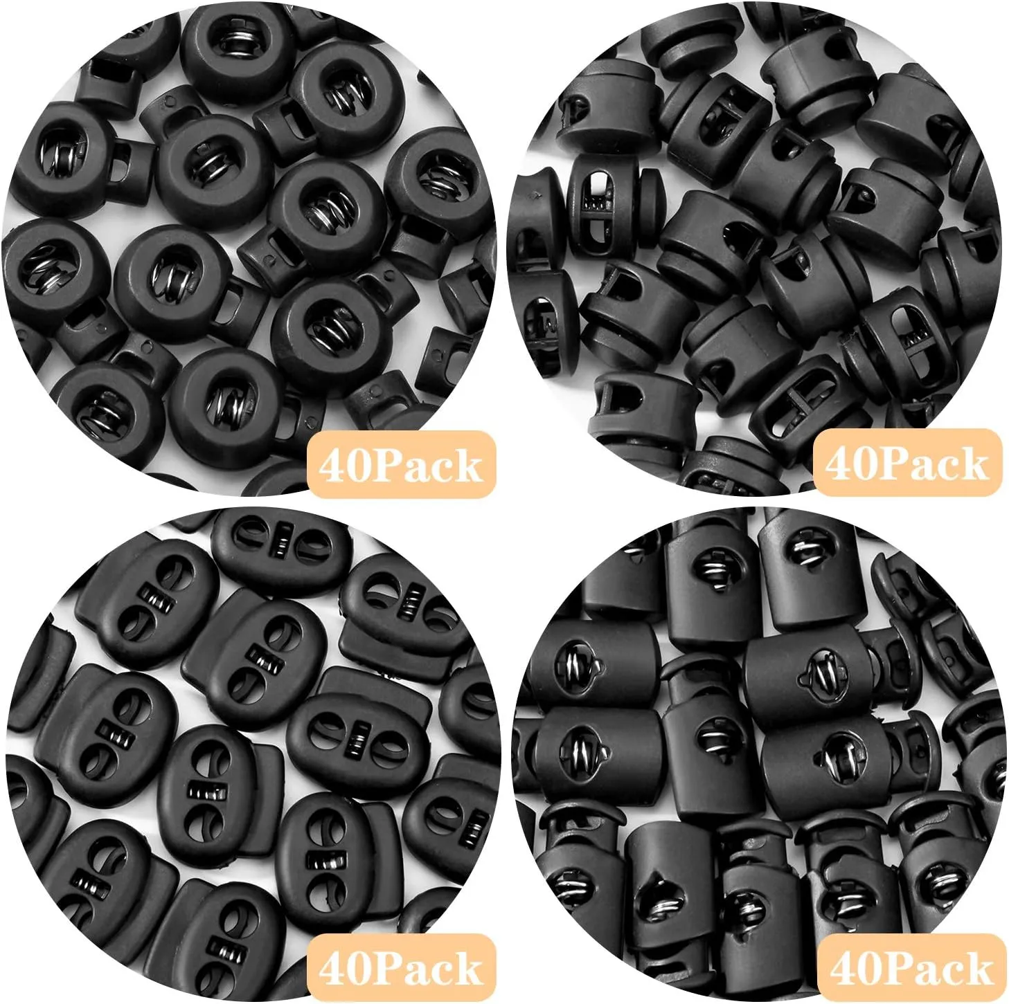 CLESDF 160 Pcs Plastic Cord Locks, Single Double Hole Spring Stop Toggle Stoppers for Drawstrings, Shoelaces, Bags, More, 4 Styles