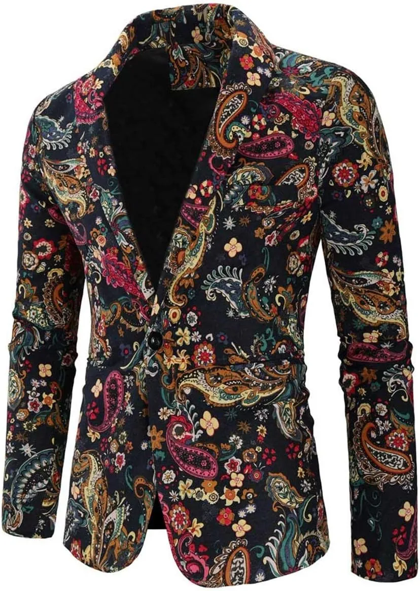 Cloudstyle Mens 2 Piece Print Suit Floral Party Dress Jacket Slim 2 Button Blazer Pants