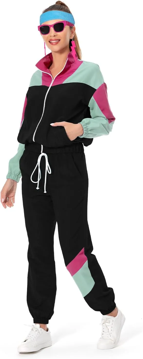 Color Block Track Suit Set 80s Long Sleeve Windbreaker 90s Track Outfit Casual Sweatsuits Women