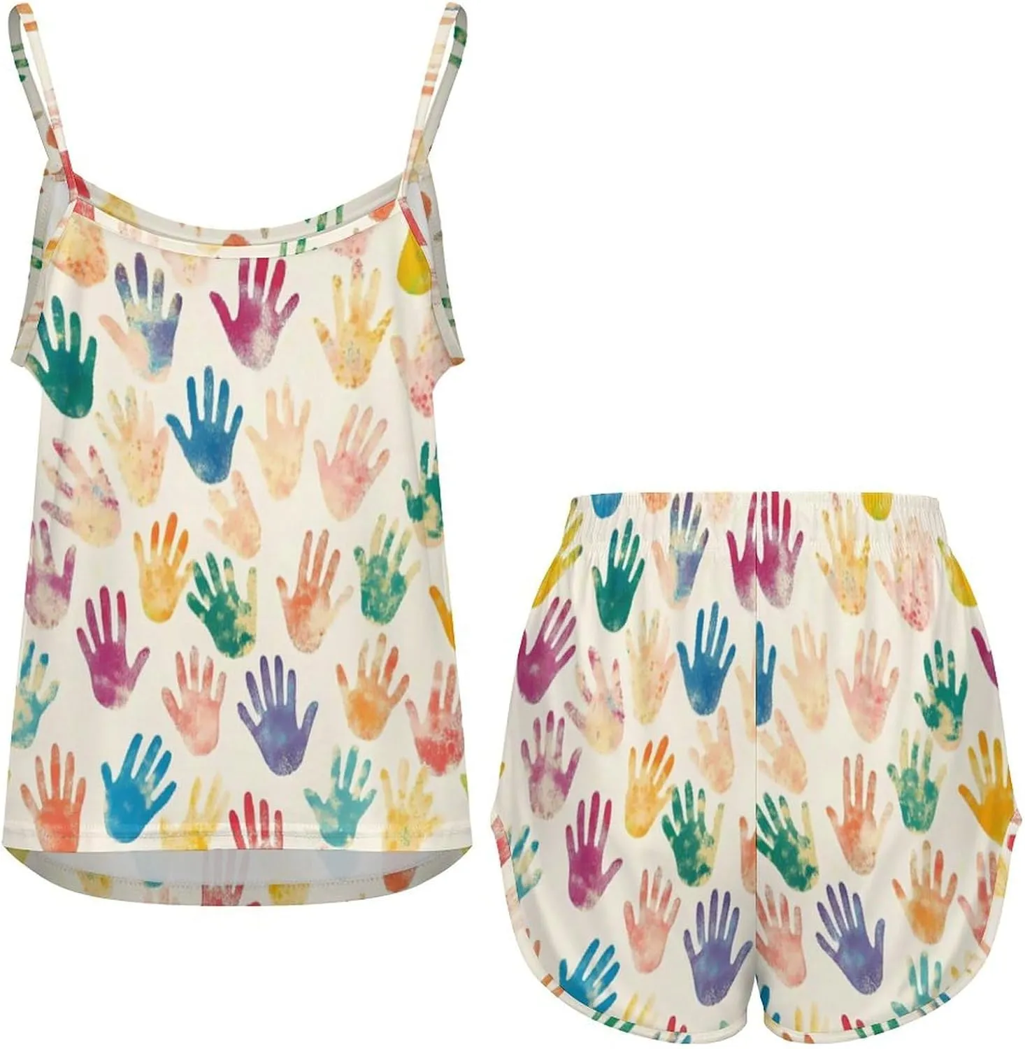 Colorful Handprint Pajamas for Women Set Tank Top Pjs And Shorts Sleepwear Loungewear Sets