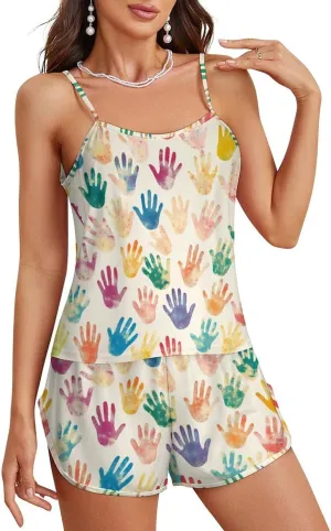 Colorful Handprint Pajamas for Women Set Tank Top Pjs And Shorts Sleepwear Loungewear Sets