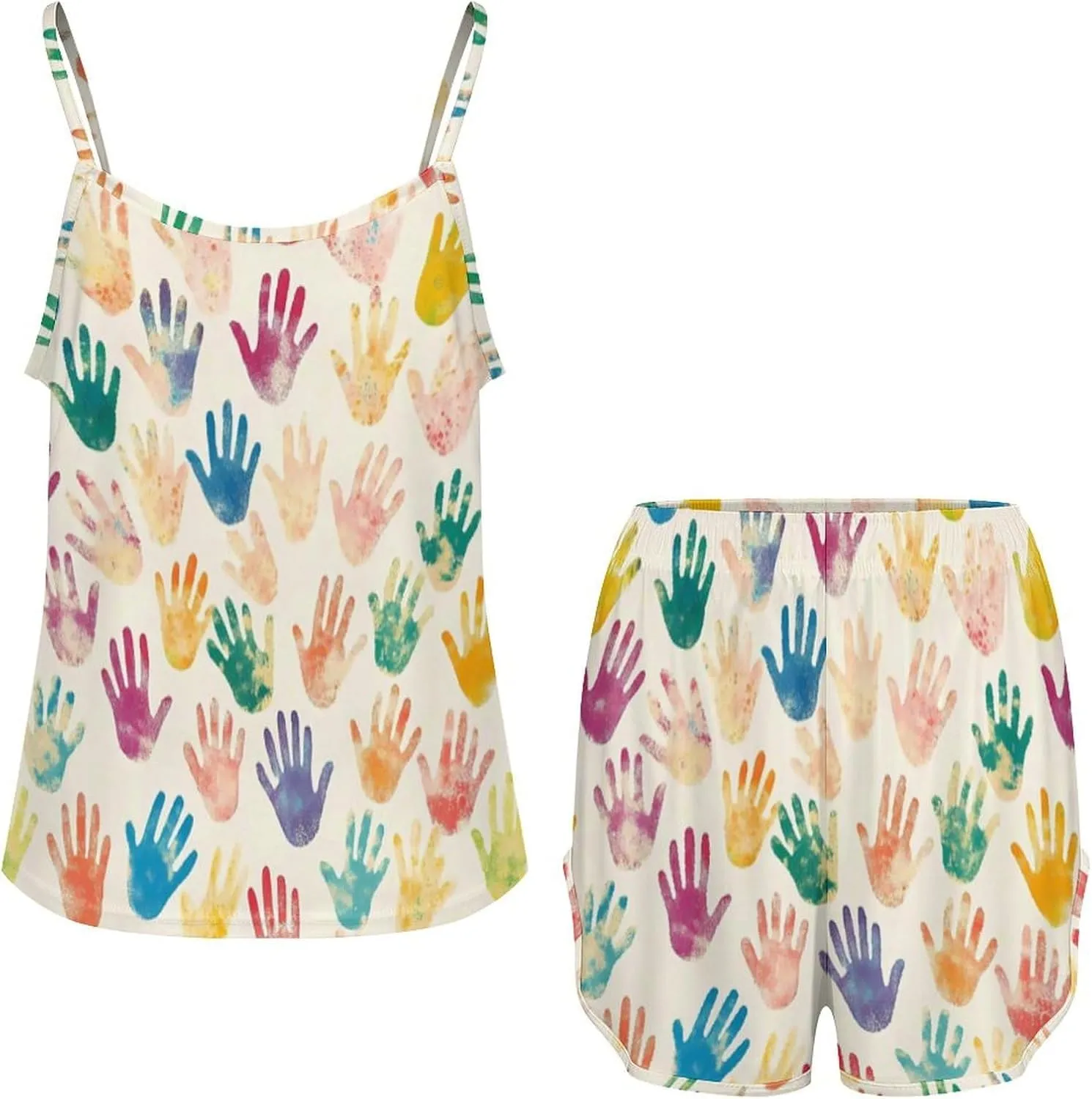 Colorful Handprint Pajamas for Women Set Tank Top Pjs And Shorts Sleepwear Loungewear Sets