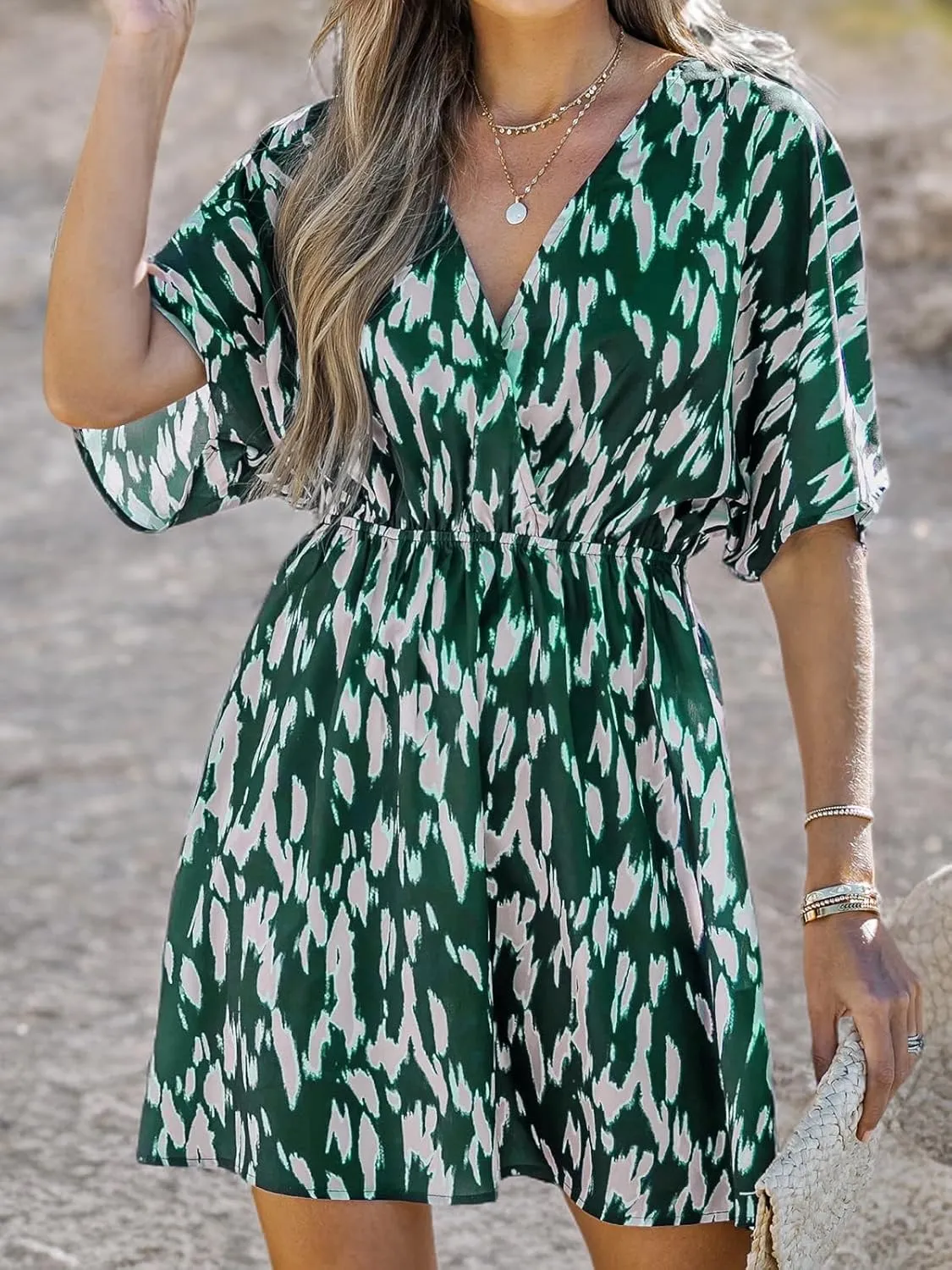 CUPSHE Women Summer Short Sleeve Wrap V-Neck Print Short Dress Elastic Waist