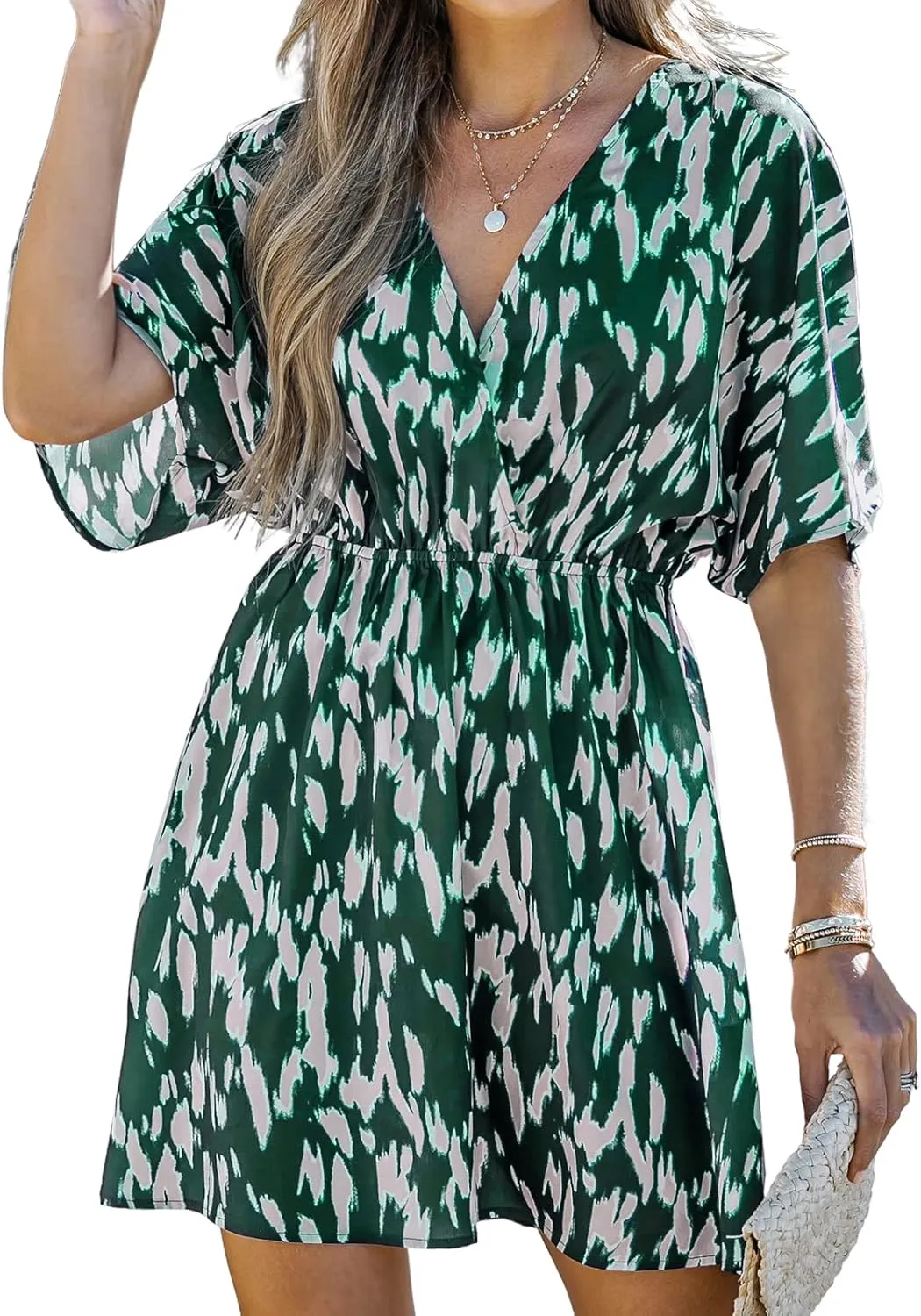 CUPSHE Women Summer Short Sleeve Wrap V-Neck Print Short Dress Elastic Waist