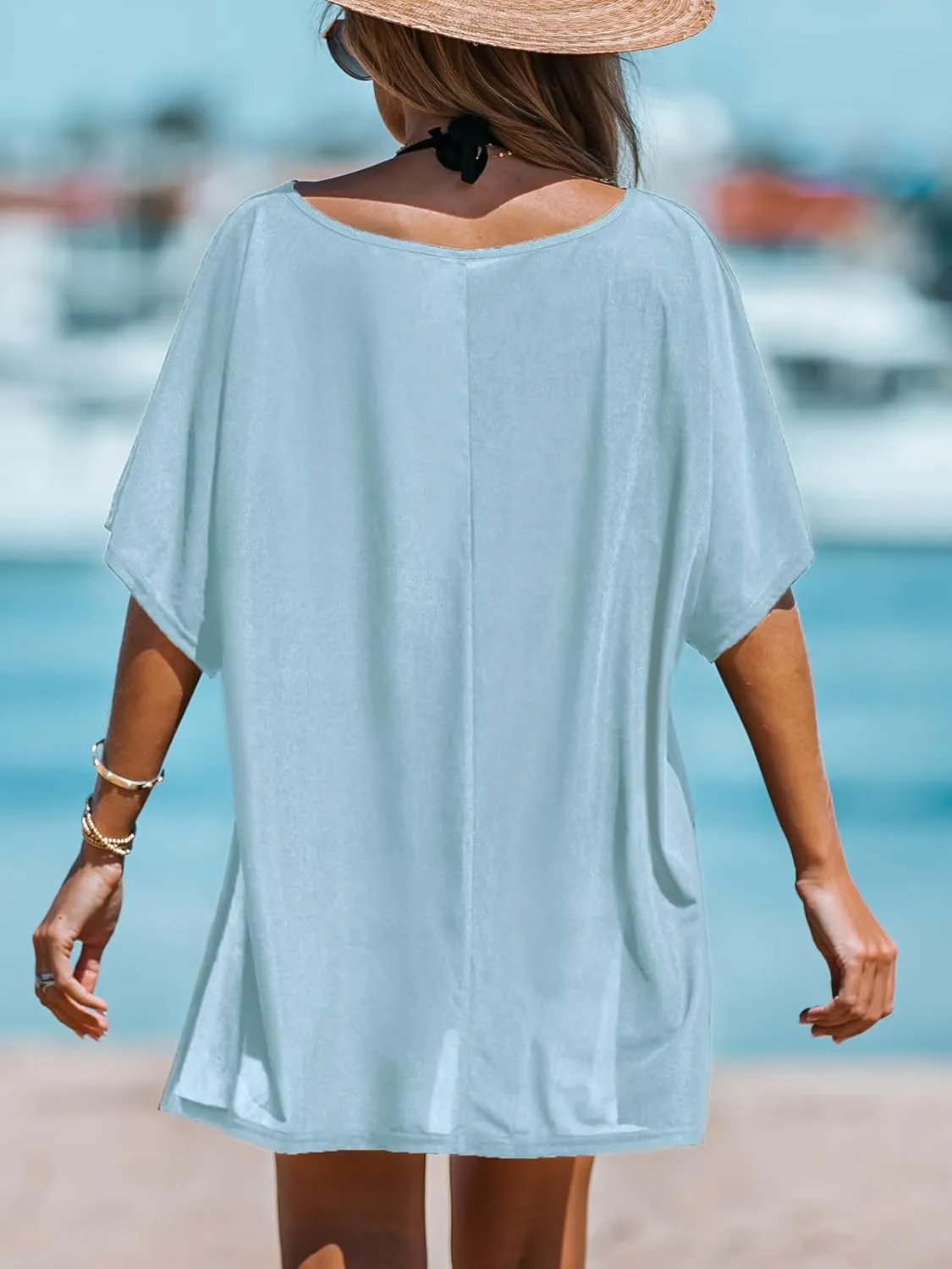 CUPSHE Women V-Neck Slit Mini Cover-Up Dress Casual Summer Short Sleeves Solid Cover Up