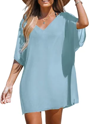 CUPSHE Women V-Neck Slit Mini Cover-Up Dress Casual Summer Short Sleeves Solid Cover Up