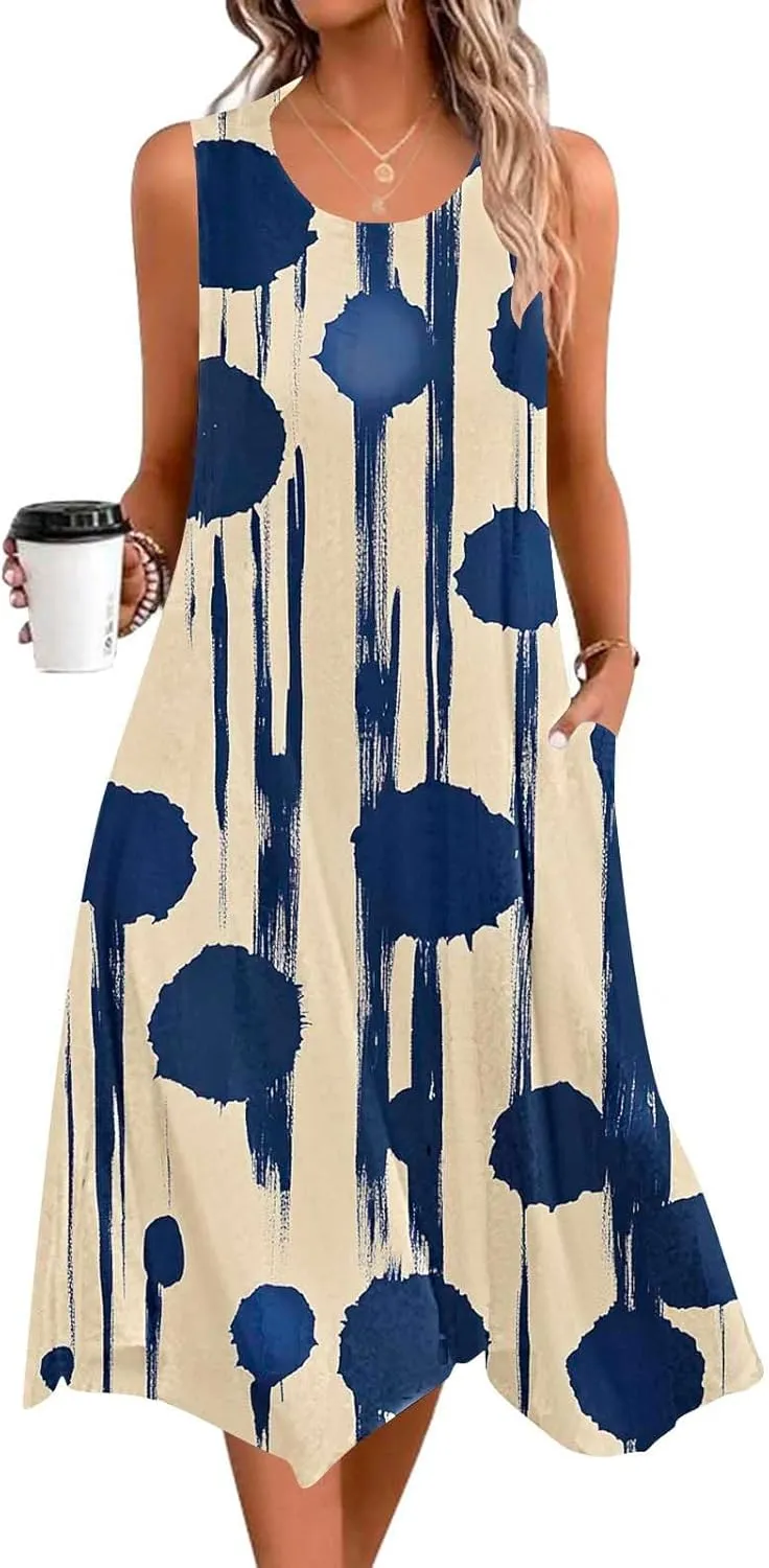 Cute Dresses for Women Casual Crewneck Sleeveless Floral Flowy Sundresses 2025 Beach Vacation Summer Hawaiian Dress