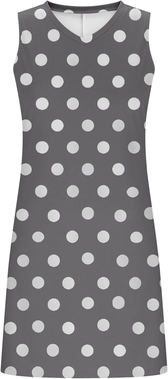 Cute Polka Dots Mini Tank Dress Women Summer Sleeveless V Neck Casual Tunic Dresses Side Split Hem Beach Sundress