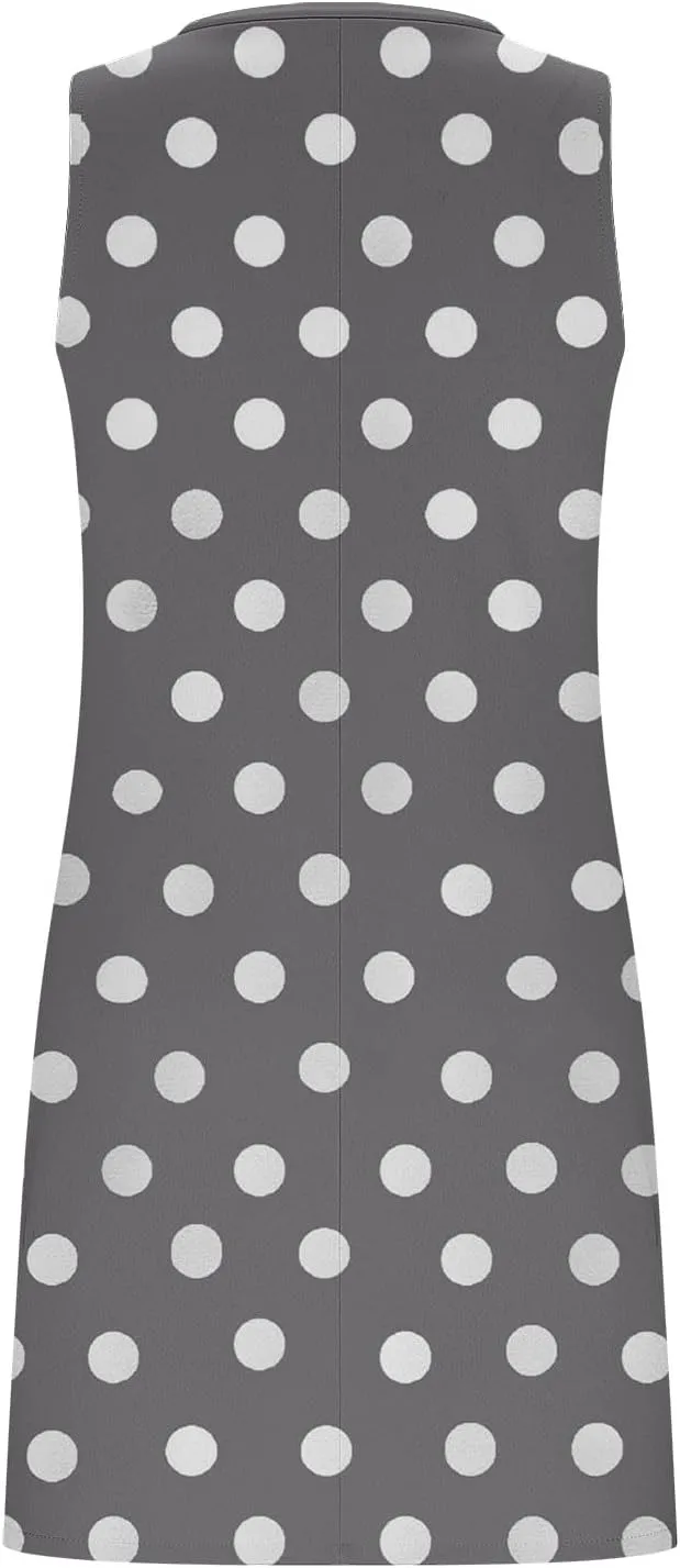 Cute Polka Dots Mini Tank Dress Women Summer Sleeveless V Neck Casual Tunic Dresses Side Split Hem Beach Sundress