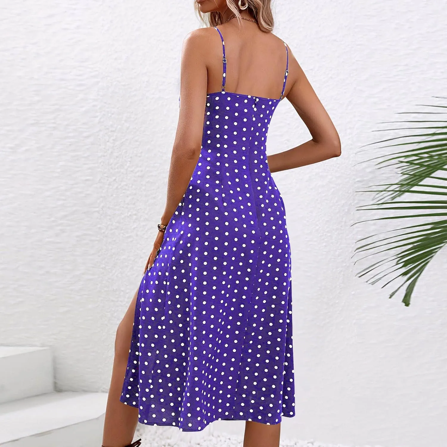Cute Polka Dots Sleeveless Cami Dress for Women Tie Front Flared Midi Dresses Casual Fitted Split Hem Beach Sundress