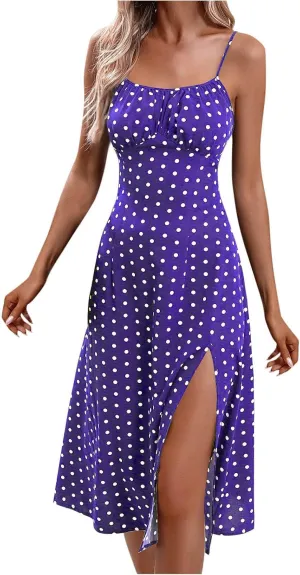 Cute Polka Dots Sleeveless Cami Dress for Women Tie Front Flared Midi Dresses Casual Fitted Split Hem Beach Sundress