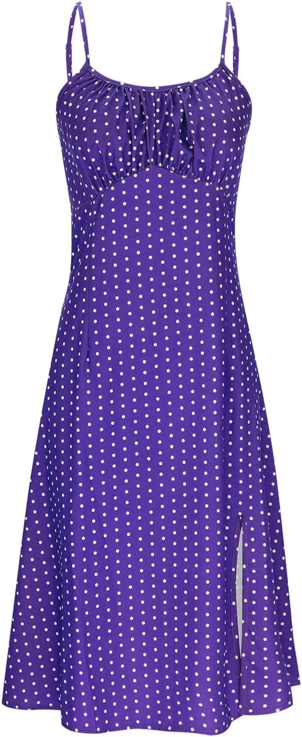 Cute Polka Dots Sleeveless Cami Dress for Women Tie Front Flared Midi Dresses Casual Fitted Split Hem Beach Sundress