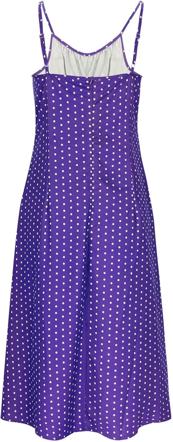 Cute Polka Dots Sleeveless Cami Dress for Women Tie Front Flared Midi Dresses Casual Fitted Split Hem Beach Sundress
