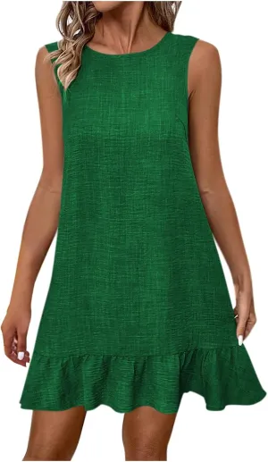 Cute Ruffle Hem Sundress for Women Summer Bowtie Backless Sleeveless Crewneck Mini Dresses Casual Beach A-Line Dress