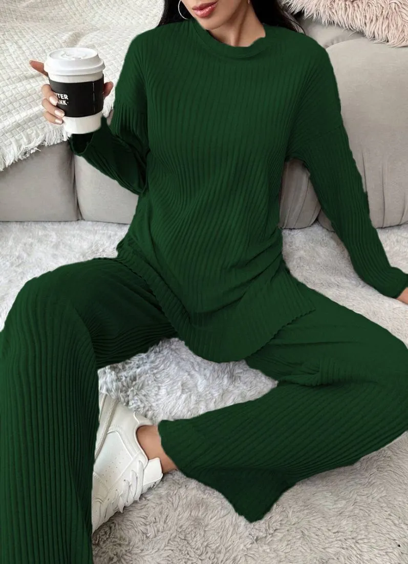 Dark Green Cotton Ribbed Co-Ord Set