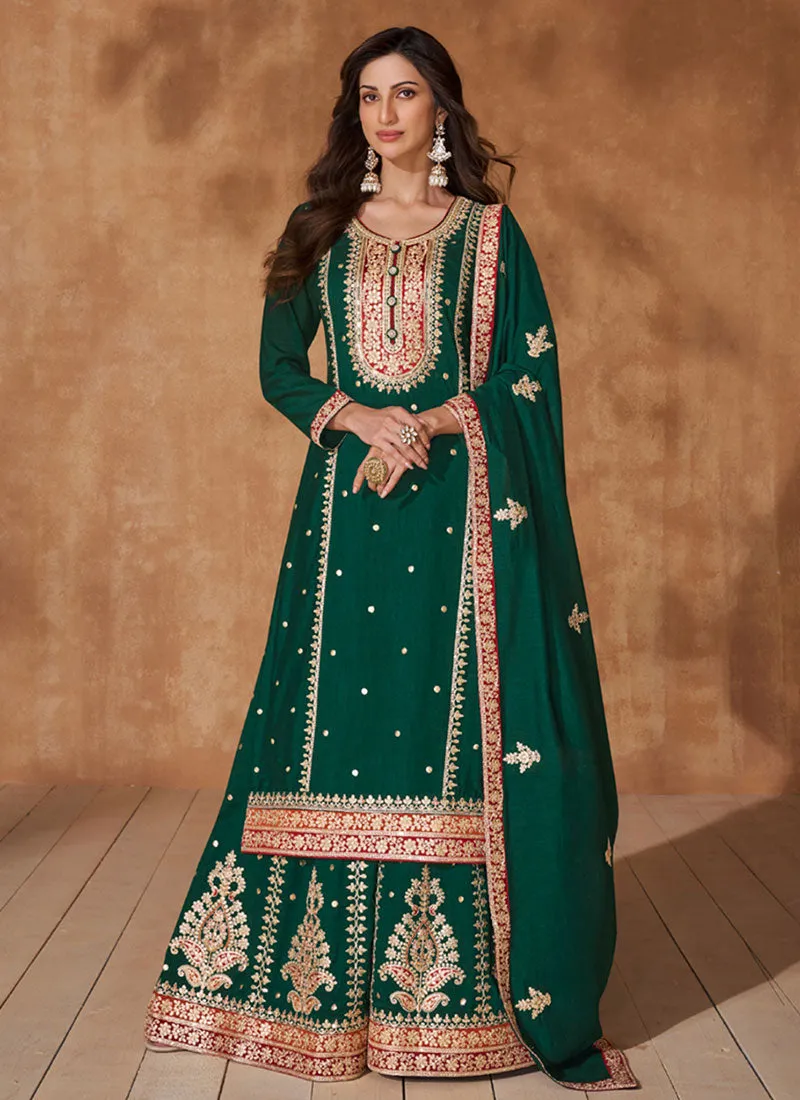 Dark Green Multi Embroidery Sharara Suit