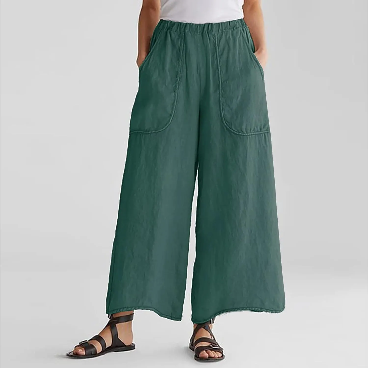 DASAYO Cotton Linen Pants for Women Trendy Elastic Waist Palazzo Pants Dressy Casual Flowy Wide Leg Trousers with Pockets