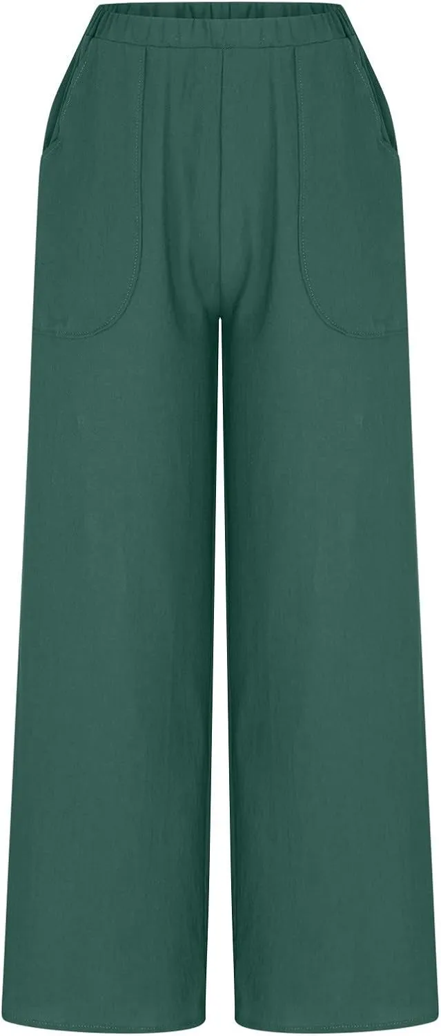 DASAYO Cotton Linen Pants for Women Trendy Elastic Waist Palazzo Pants Dressy Casual Flowy Wide Leg Trousers with Pockets