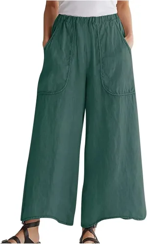DASAYO Cotton Linen Pants for Women Trendy Elastic Waist Palazzo Pants Dressy Casual Flowy Wide Leg Trousers with Pockets