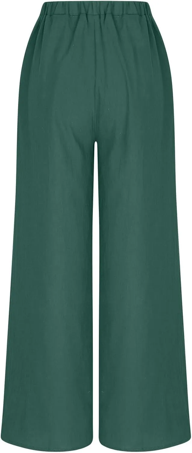 DASAYO Cotton Linen Pants for Women Trendy Elastic Waist Palazzo Pants Dressy Casual Flowy Wide Leg Trousers with Pockets