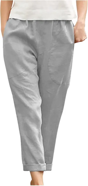 DASAYO Womens Linen Pants Elastic Wasit Straight Leg Casual Pants Ladies Loose Fit Comfy Trousers with Pockets Summer Fashion