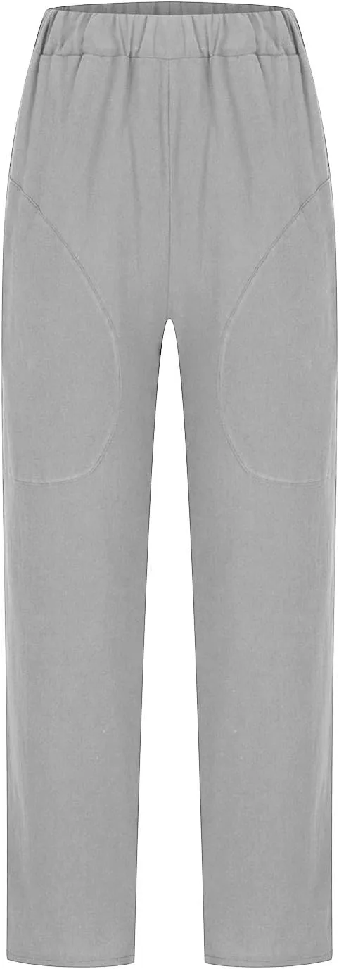 DASAYO Womens Linen Pants Elastic Wasit Straight Leg Casual Pants Ladies Loose Fit Comfy Trousers with Pockets Summer Fashion