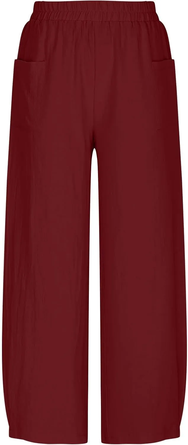 DASAYO Women's Linen Pants Summer Fashion Elastic Wasit Casual Pants with Pockets Ladies Ligghtweight Wide Leg Trousers 2025