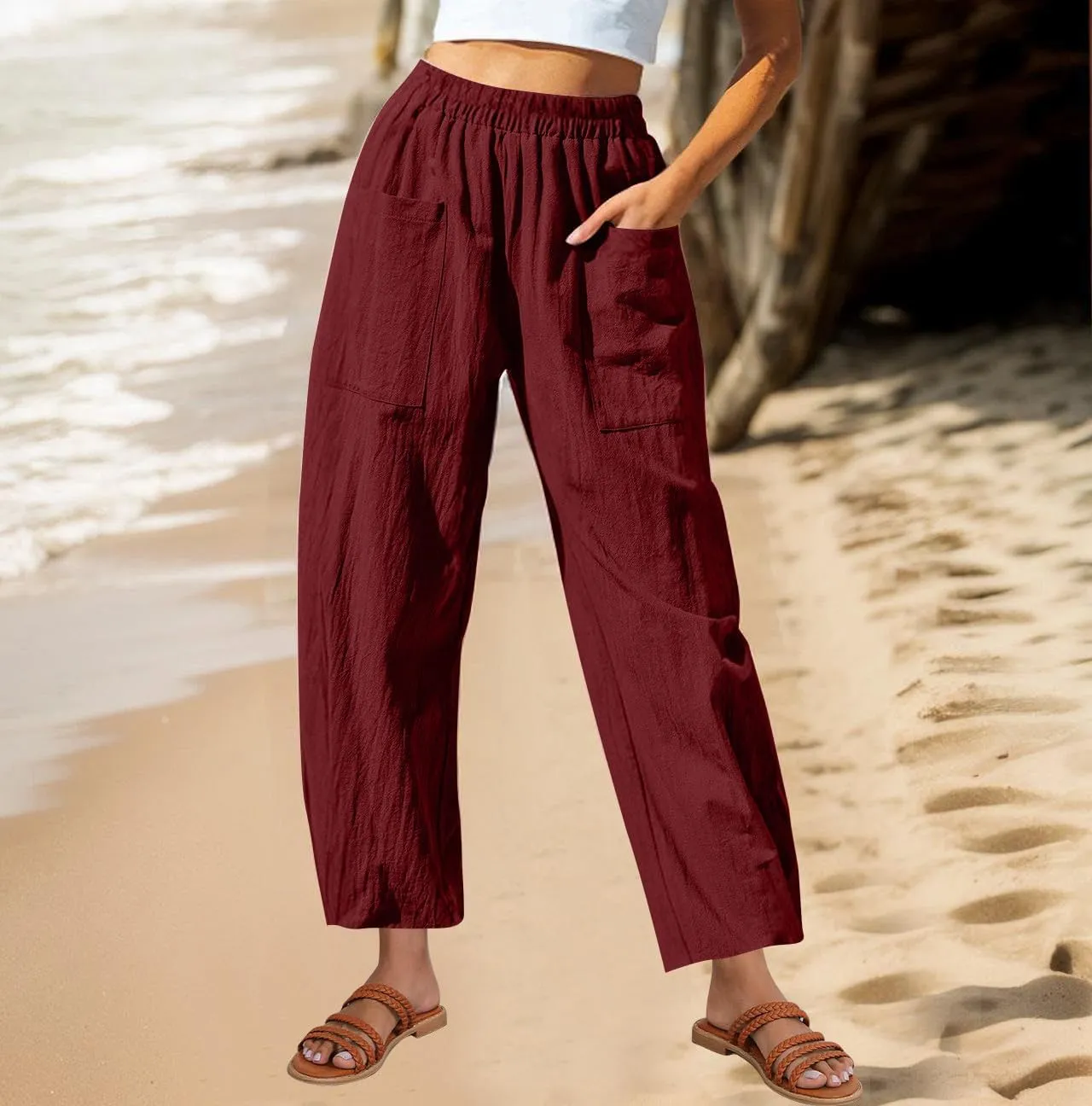 DASAYO Women's Linen Pants Summer Fashion Elastic Wasit Casual Pants with Pockets Ladies Ligghtweight Wide Leg Trousers 2025