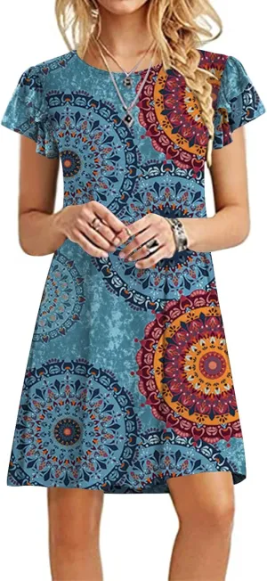 DB MOON Women 2025 Mini Dresses Summer Casual Ruffle Short Sleeve Cute Crew Neck Flowy Dress with Pockets