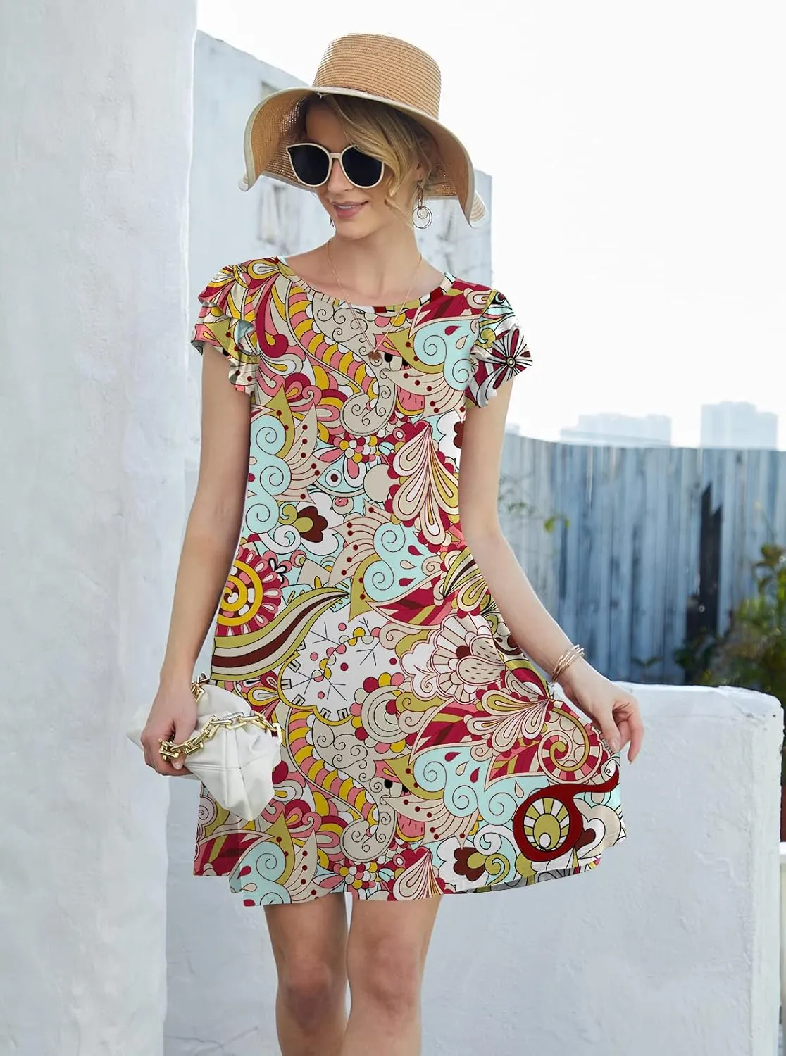 DB MOON Women 2025 Mini Dresses Summer Casual Ruffle Short Sleeve Cute Crew Neck Flowy Dress with Pockets