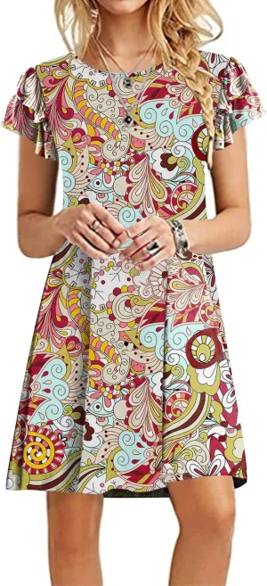 DB MOON Women 2025 Mini Dresses Summer Casual Ruffle Short Sleeve Cute Crew Neck Flowy Dress with Pockets