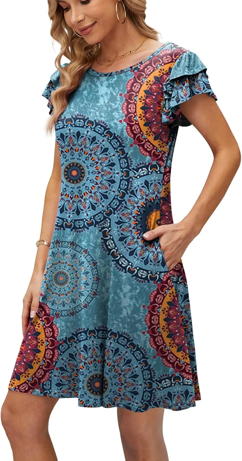 DB MOON Women 2025 Mini Dresses Summer Casual Ruffle Short Sleeve Cute Crew Neck Flowy Dress with Pockets